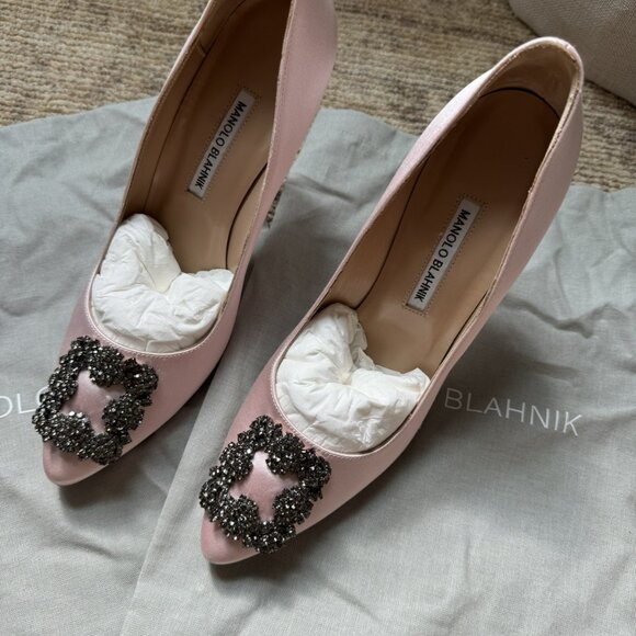Manolo Blahnik Hangisi Satin Jewel Buckle Pumps Heels Pink 105mm - Picture 2 of 5